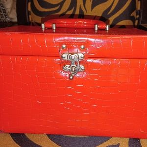 Vintage Red Faux Leather Makeup Train Case